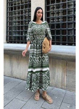 For You Moda Natural Viscose Patterned Long Green Dress  - Image 4