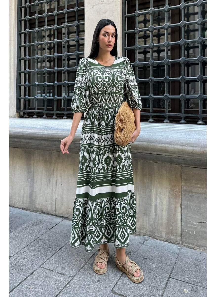 For You Moda Natural Viscose Patterned Long Green Dress  - Image 4