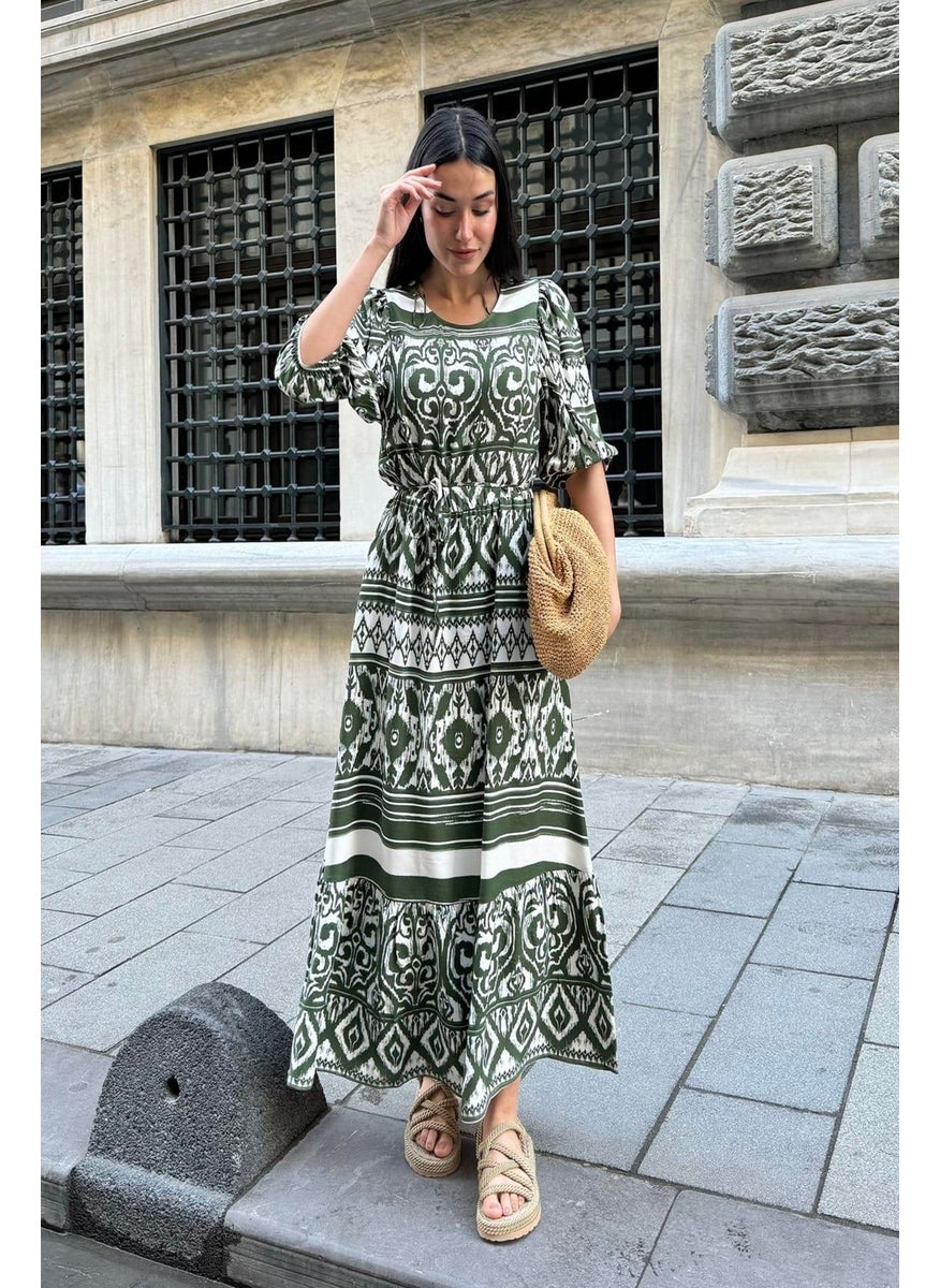 For You Moda Natural Viscose Patterned Long Green Dress  - Image 5