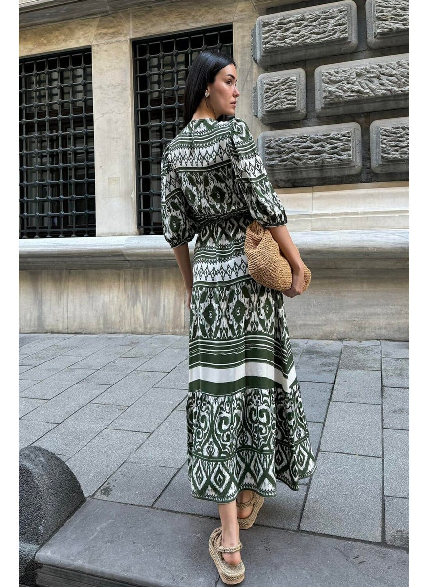 For You Moda Natural Viscose Patterned Long Green Dress  - Image 2