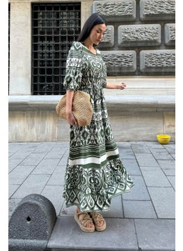 For You Moda Natural Viscose Patterned Long Green Dress  - Image 3