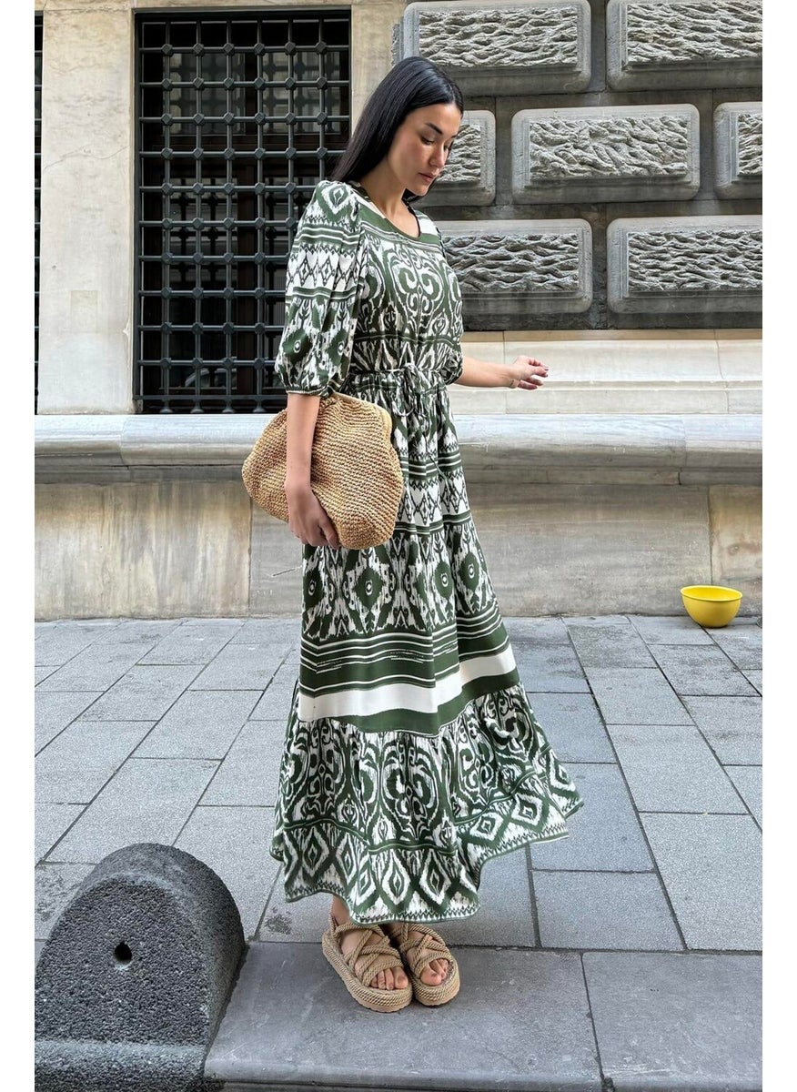For You Moda Natural Viscose Patterned Long Green Dress  - Image 3