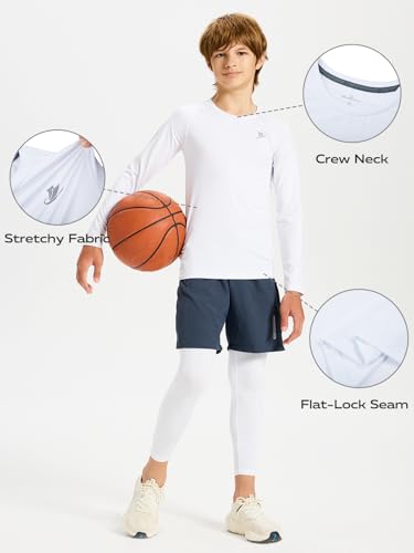 DEVOROPA Youth Boys Compression Shirt Long Sleeve Football Baseball Undershirt Quick Dry Sports Baselayer White S - Image 5