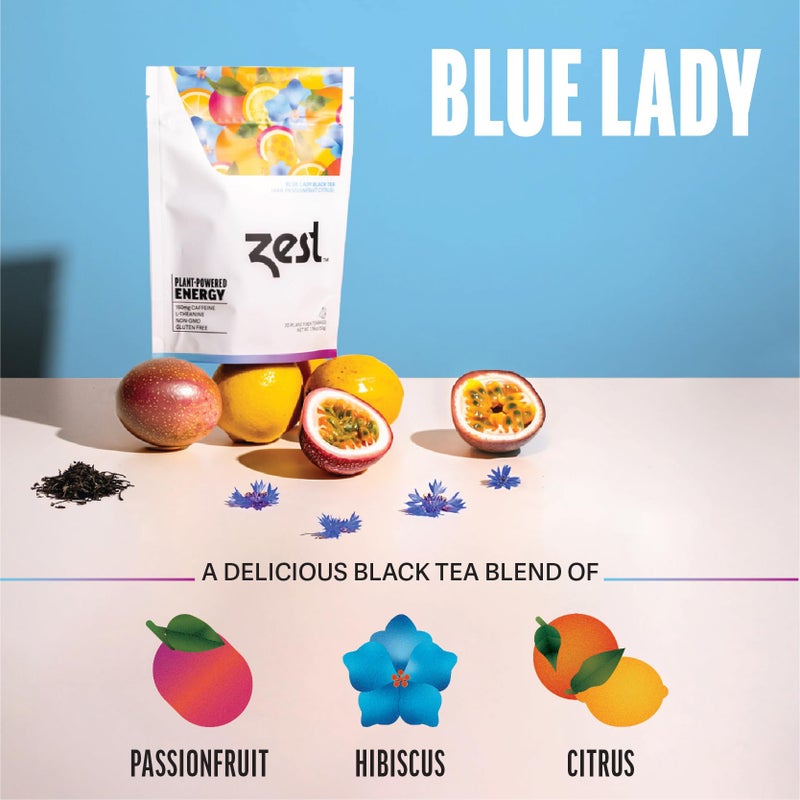 Zest Energy Tea Bags - Blue Lady Passion Fruit Black Tea - High Caffeine Tea for Morning Energy, Focus & Clarity - Natural Caffeinated Tea with 150mg Caffeine - 20Ct Pack - Non-GMO & Keto Friendly - Image 5