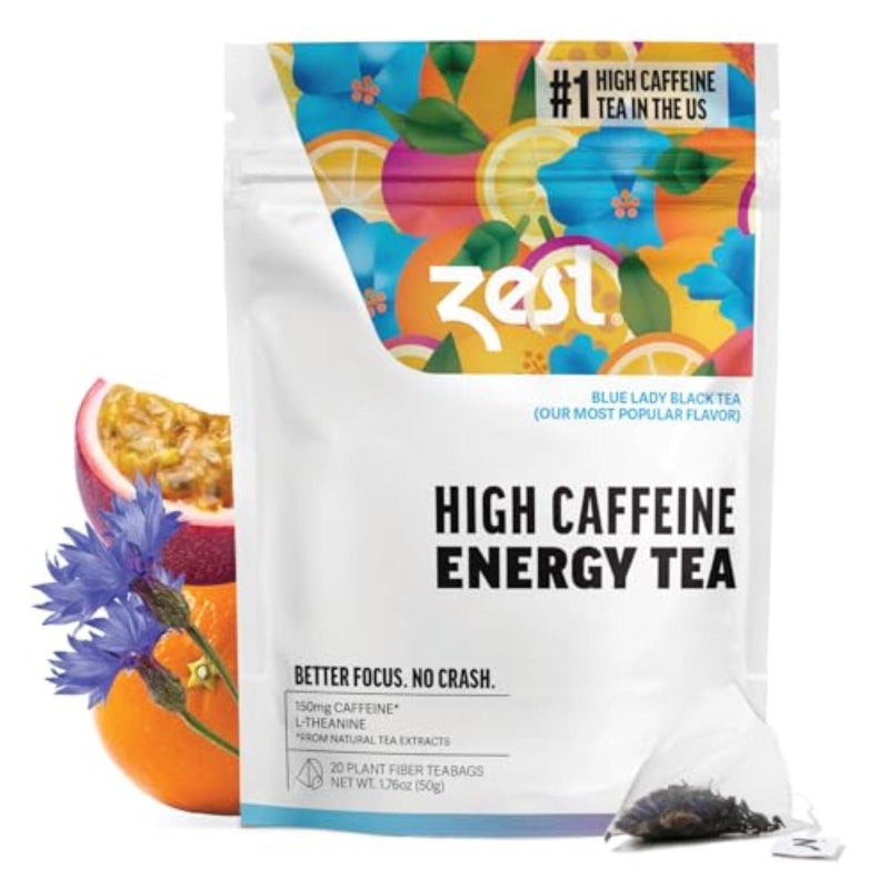 Zest Energy Tea Bags - Blue Lady Passion Fruit Black Tea - High Caffeine Tea for Morning Energy, Focus & Clarity - Natural Caffeinated Tea with 150mg Caffeine - 20Ct Pack - Non-GMO & Keto Friendly - Image 1