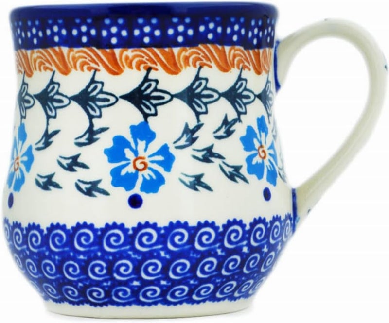 Polmedia Polish Pottery فنجان خزف بولندي أصلي سعة 13 أونصة بتصميم زهرة الذرة الزرقاء مصنوع يدويًا في بولسوافياك بولندا بواسطة سيراميكا بونا شهادة الأصالة - Image 1