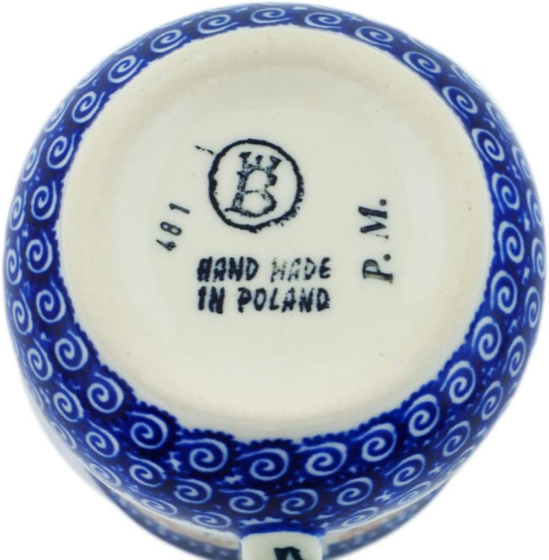 Polmedia Polish Pottery فنجان خزف بولندي أصلي سعة 13 أونصة بتصميم زهرة الذرة الزرقاء مصنوع يدويًا في بولسوافياك بولندا بواسطة سيراميكا بونا شهادة الأصالة - Image 4