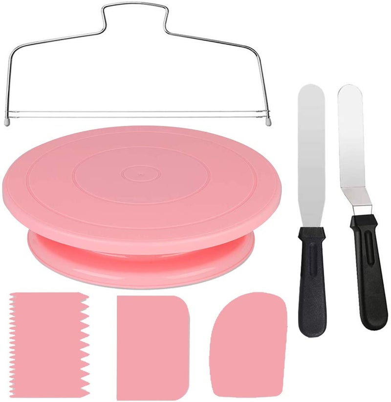 Cake Decorating TurntableCake Decorating Supplies With Decorating CombIcing Smoother3pcs2 Icing Spatula With Sided  Angled  Pink7pcs