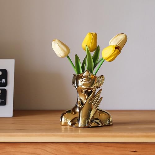 BrownLove Golden Ceramic Face Vase, Modern Golden Decorative Art Vase, Bookshelf Placed On The Desktop, Small Living Room, Office and Bedroom - Image 3