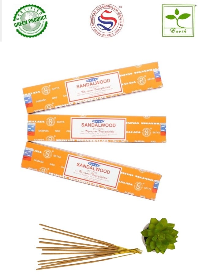 ساتيا أعواد بخور خشب الصندل ساتيا، أعواد بخور خضراء معتمدة، 3 عبوات - Image 1