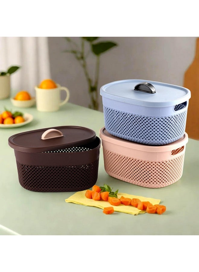 Kuber Industries Kuber Industries Unbreakable Small Multipurpose Storage Baskets with lid|Design-Netted|Material-Plastic|Shape-Oval|Color-Brown,Beige and Grey|Pack of 3  - Image 1