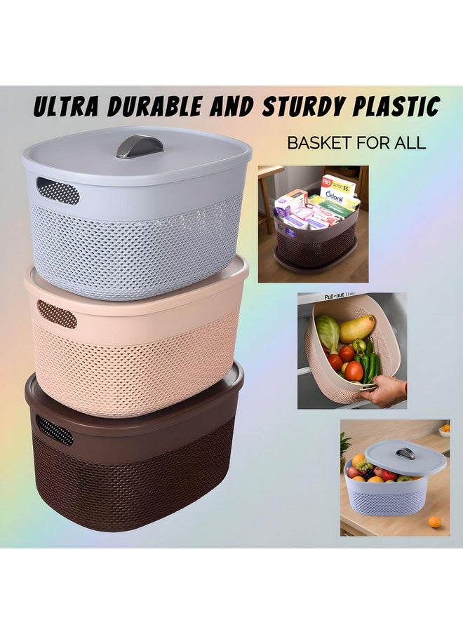 Kuber Industries Kuber Industries Unbreakable Small Multipurpose Storage Baskets with lid|Design-Netted|Material-Plastic|Shape-Oval|Color-Brown,Beige and Grey|Pack of 3  - Image 5