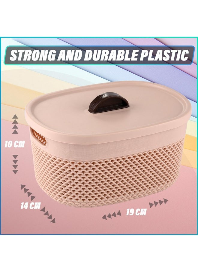Kuber Industries Kuber Industries Unbreakable Small Multipurpose Storage Baskets with lid|Design-Netted|Material-Plastic|Shape-Oval|Color-Brown,Beige and Grey|Pack of 3  - Image 3