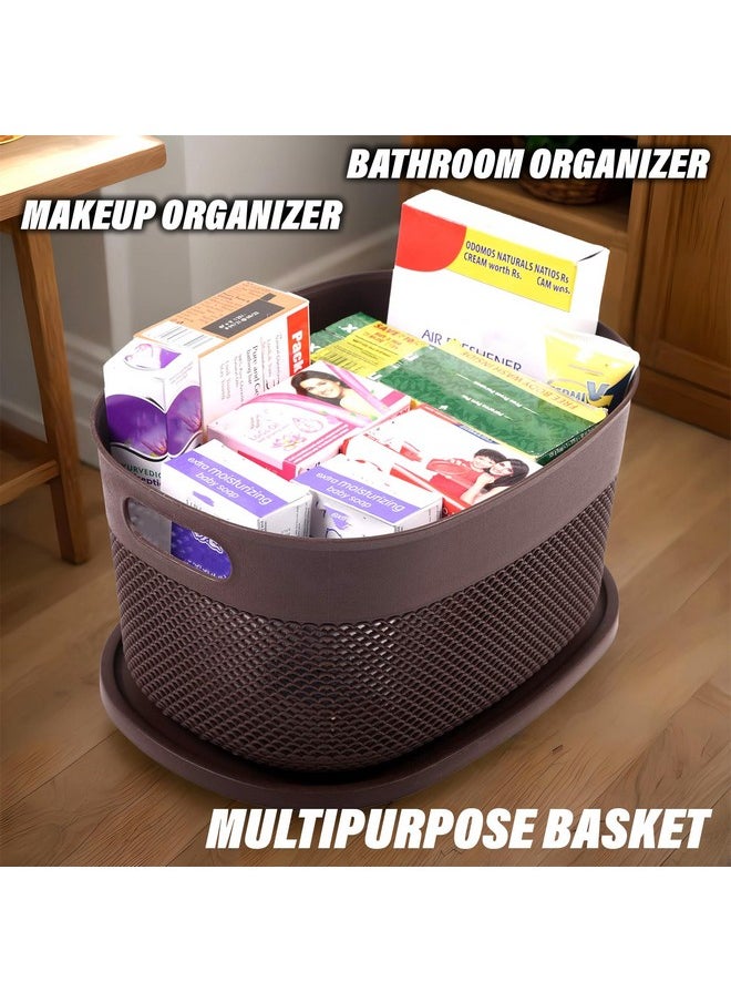 Kuber Industries Kuber Industries Unbreakable Small Multipurpose Storage Baskets with lid|Design-Netted|Material-Plastic|Shape-Oval|Color-Brown,Beige and Grey|Pack of 3  - Image 4