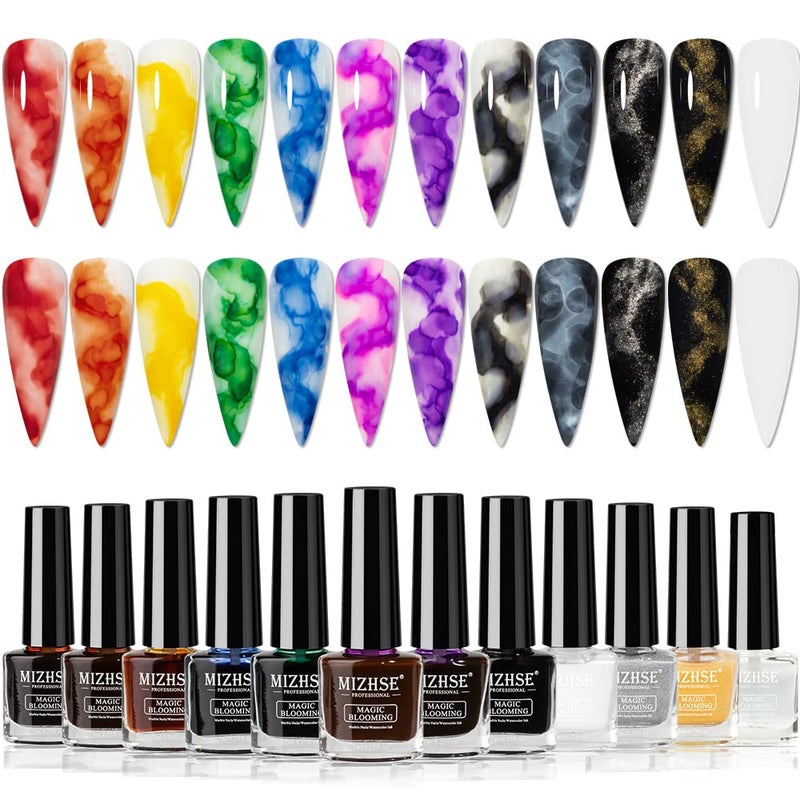 MIZHSE 12PCS Marble Nail Polish Blooming Gel Marble Ink for Nails Gold Blue Purple Nail Ink Watercolor Magic Blossom Gel Nail Polish for Nail Salon Home DIY