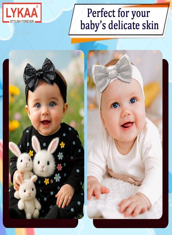 LYKAA 2Pcs Baby Hair Bands for Girls, Toddlers Cotton Bow Headbands Super Soft and Stretchy Hair Wrap for Baby Shower Gift for Newborn, Baby Girl Hair Accessories For Photo Shoots (Black/White) - Image 4