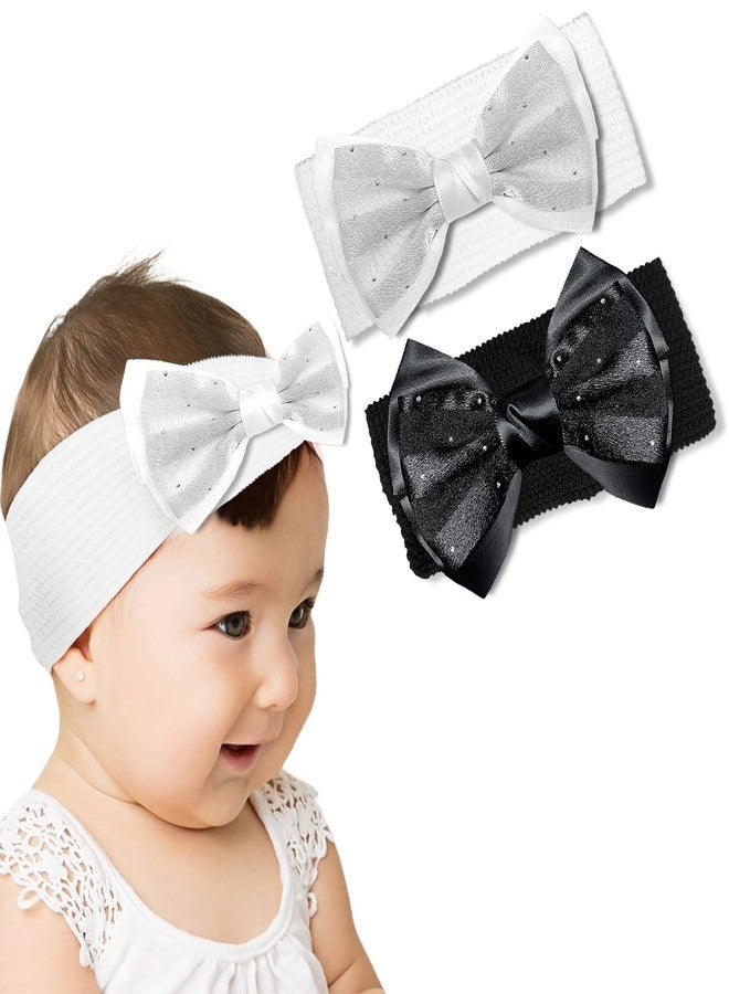 LYKAA 2Pcs Baby Hair Bands for Girls, Toddlers Cotton Bow Headbands Super Soft and Stretchy Hair Wrap for Baby Shower Gift for Newborn, Baby Girl Hair Accessories For Photo Shoots (Black/White) - Image 1