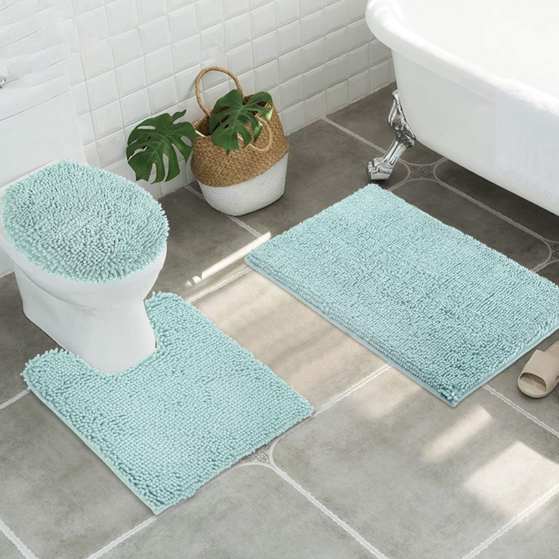 ITSOFT 3pc NonSlip Shaggy Chenille Bathroom Mat Set Includes 24 x 21 Inches UShaped Contour Toilet Rug 34 x 21 Inches Bathmat and 1 Toilet Lid Cover Spa Blue