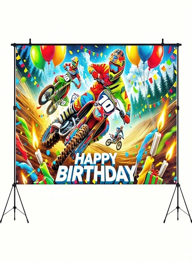 BlissYard Motocross Racing Happy Birthday Banner with Bikes and Balloons motorcycle birthday decorations 71 x 43 Inch Polyester Backdrop for Party Decorations, Indoor and Outdoor Use - Image 1