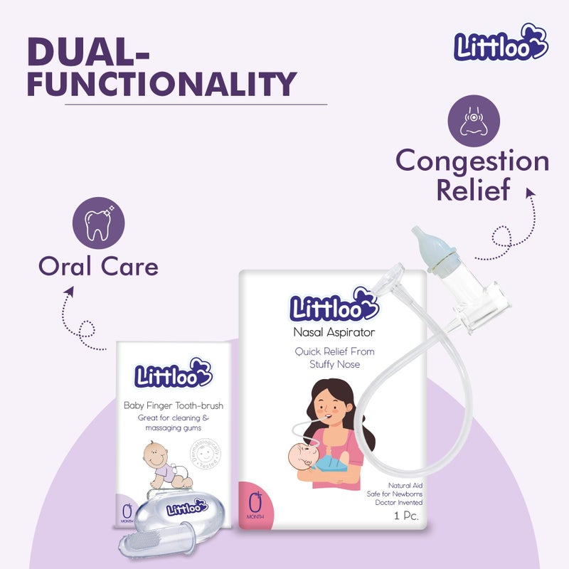 Littloo Silicone Baby Finger Toothbrush: Ideal for massaging & cleaning gums (Pack of 1) and Littloo Nasal Aspirator for Babies with Snotscuker Mechanism - Image 3
