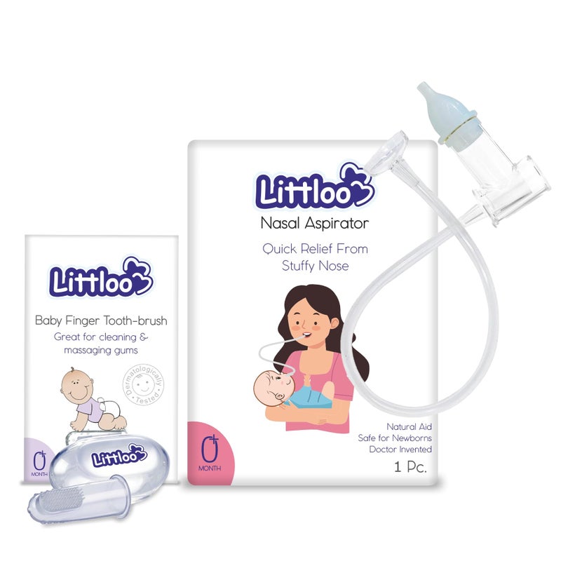 Littloo Silicone Baby Finger Toothbrush: Ideal for massaging & cleaning gums (Pack of 1) and Littloo Nasal Aspirator for Babies with Snotscuker Mechanism - Image 1