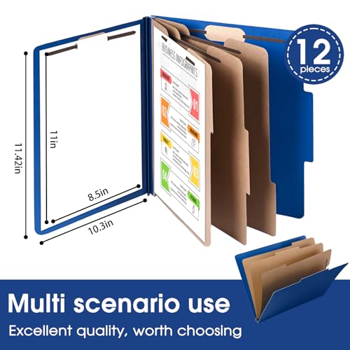 Cesil Pressboard Classification File Folders, 12pcs 3 Dividers Blue File Folders Letter Size with 2 Prongs Fastener, Heavy Duty Office File Organizer for Teacher School Medical Employee File Folers - Image 2