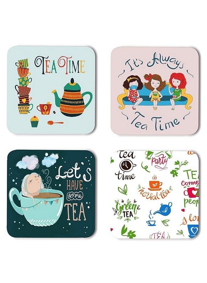 OUTFITQUE Tea Quotes Inspired Printed Coasters with Beautiful Metal Stand/Holder (MDF Wooden, Set of 4, 3.5x3.5 Inch, Square) for [ Tea/Coffee/Mug/ ] Quotes, Masala Tea, Chai (Multi 1) - Image 1