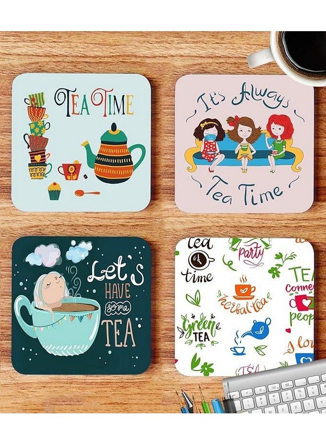 OUTFITQUE Tea Quotes Inspired Printed Coasters with Beautiful Metal Stand/Holder (MDF Wooden, Set of 4, 3.5x3.5 Inch, Square) for [ Tea/Coffee/Mug/ ] Quotes, Masala Tea, Chai (Multi 1) - Image 2