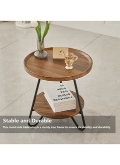 HXDream HXDream Side Table,Round End Table,2-Tier Coffee Side Table,suitable for living room, balcony, garden,Room（Walnut color）  - Image 3