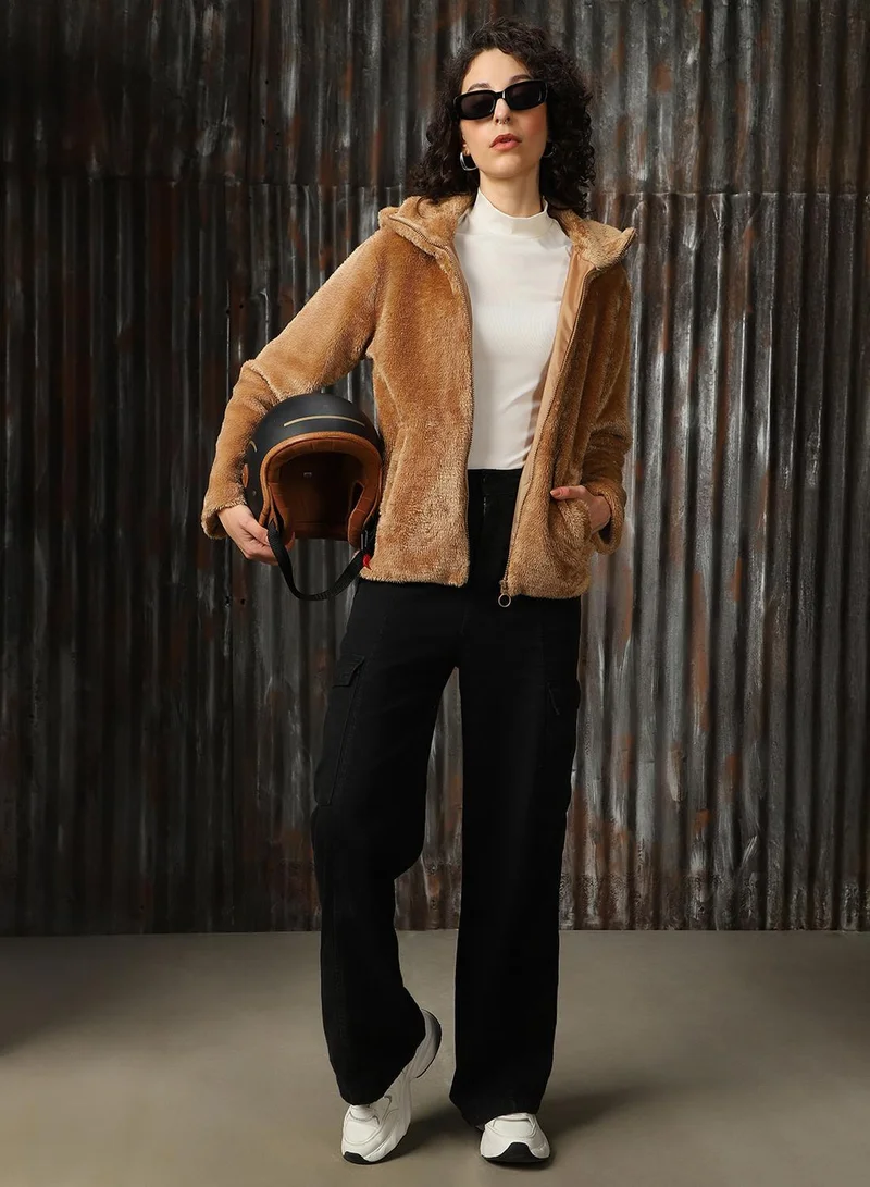 HIGH STAR Beige Women's Beige Foxfur Solid Oversized Jacket for Women | Best Price UAE