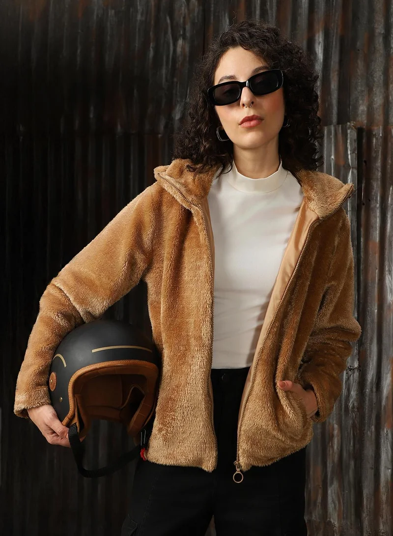 HIGH STAR Beige Women's Beige Foxfur Solid Oversized Jacket for Women | Best Price UAE