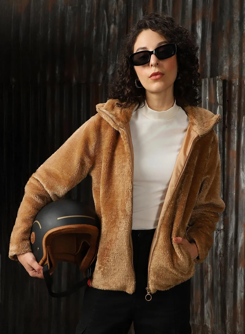 HIGH STAR Beige Women's Beige Foxfur Solid Oversized Jacket for Women | Best Price UAE