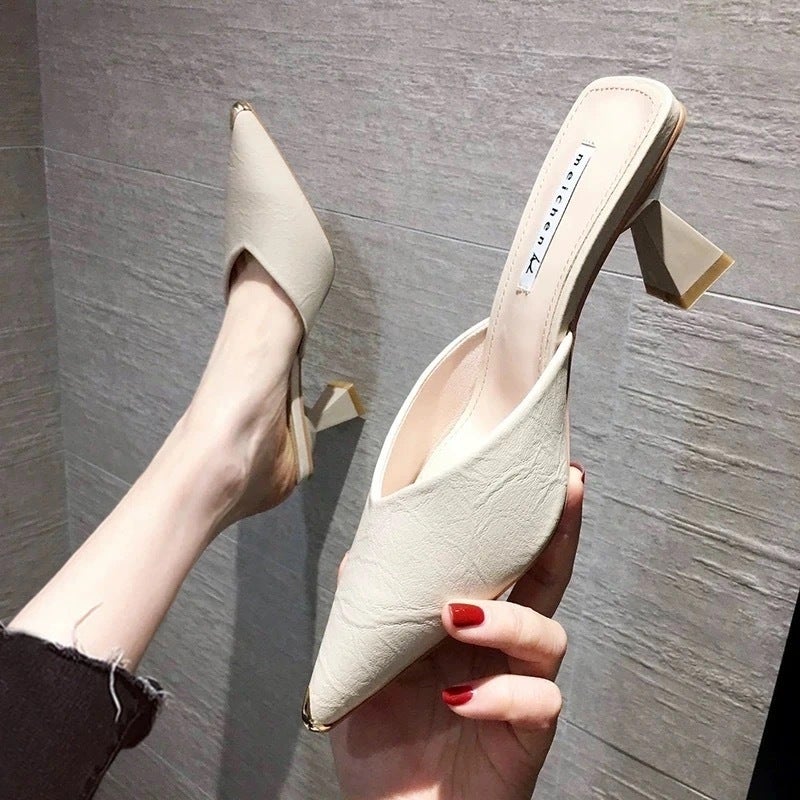 Chic Pointed Toe Mid-Heel Mules for Women 2023 White (5cm thick heel) 