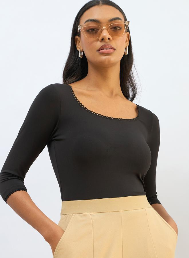 SASSAFRAS Black Knitted Lace Detail Crop Top - Image 1