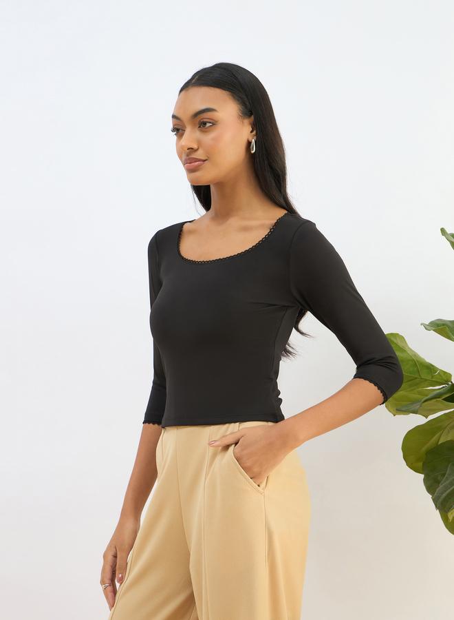 SASSAFRAS Black Knitted Lace Detail Crop Top - Image 3