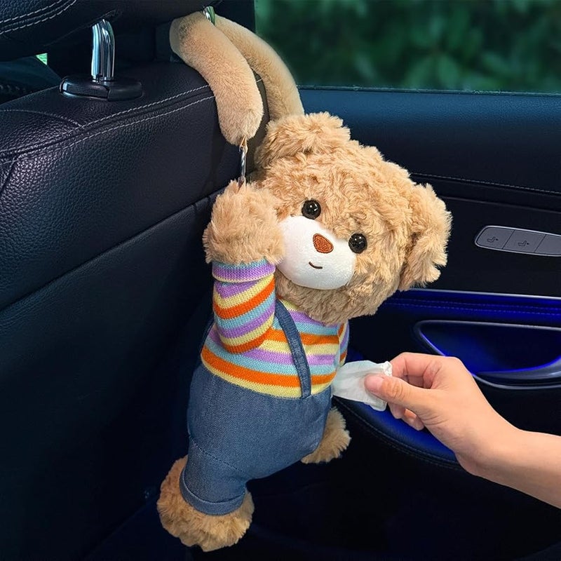 Overalls Car Tissue Box Holder Plush Bear Auto Napkin Organizer For SUVs Sedans Trucks Travel - Image 3