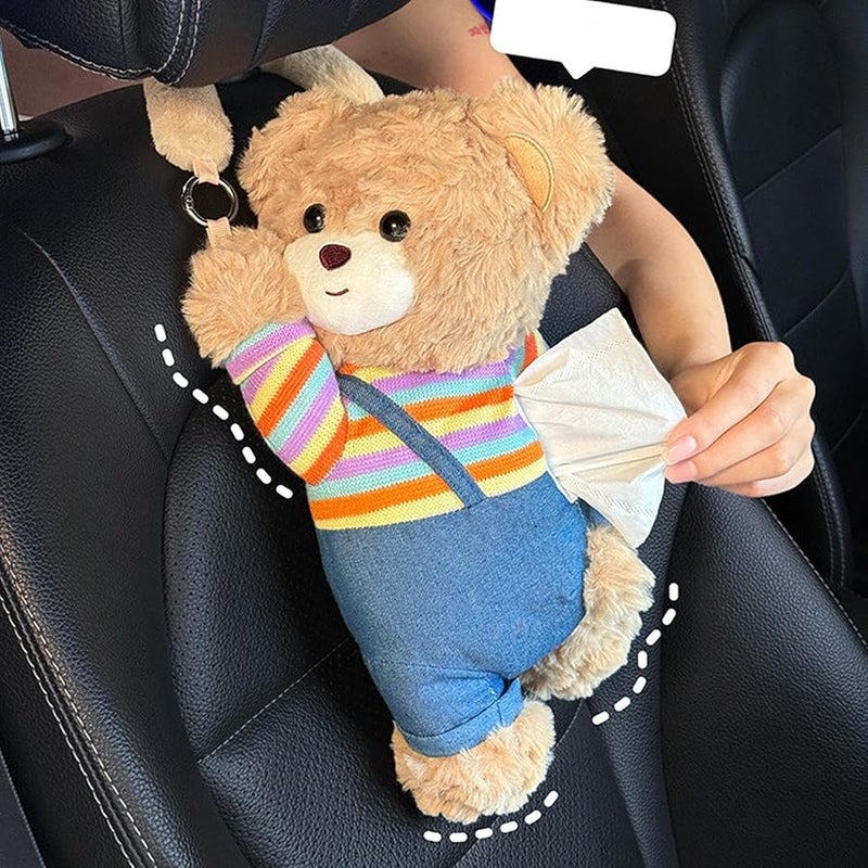Overalls Car Tissue Box Holder Plush Bear Auto Napkin Organizer For SUVs Sedans Trucks Travel - Image 4
