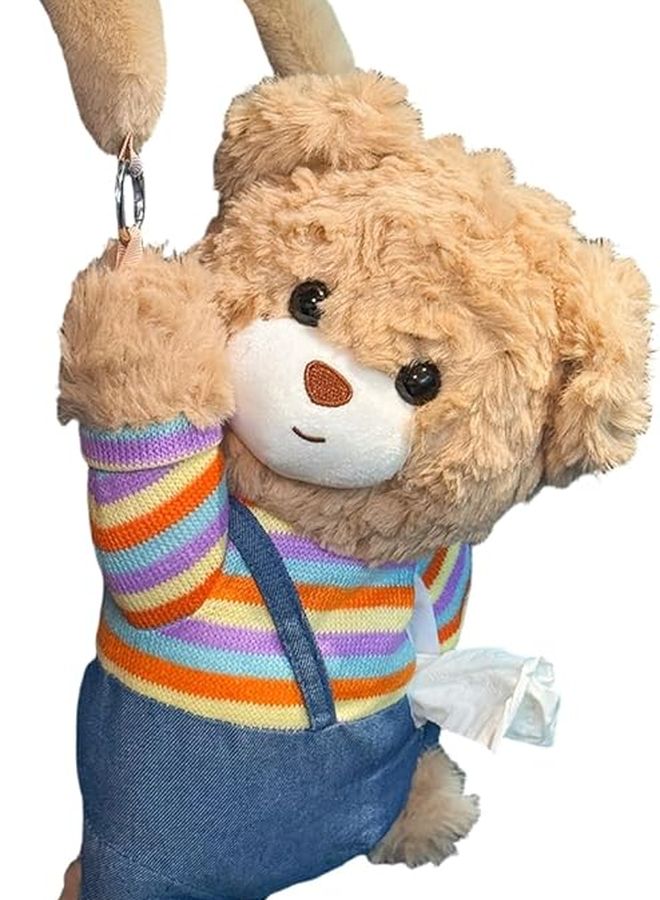Overalls Car Tissue Box Holder Plush Bear Auto Napkin Organizer For SUVs Sedans Trucks Travel - Image 1