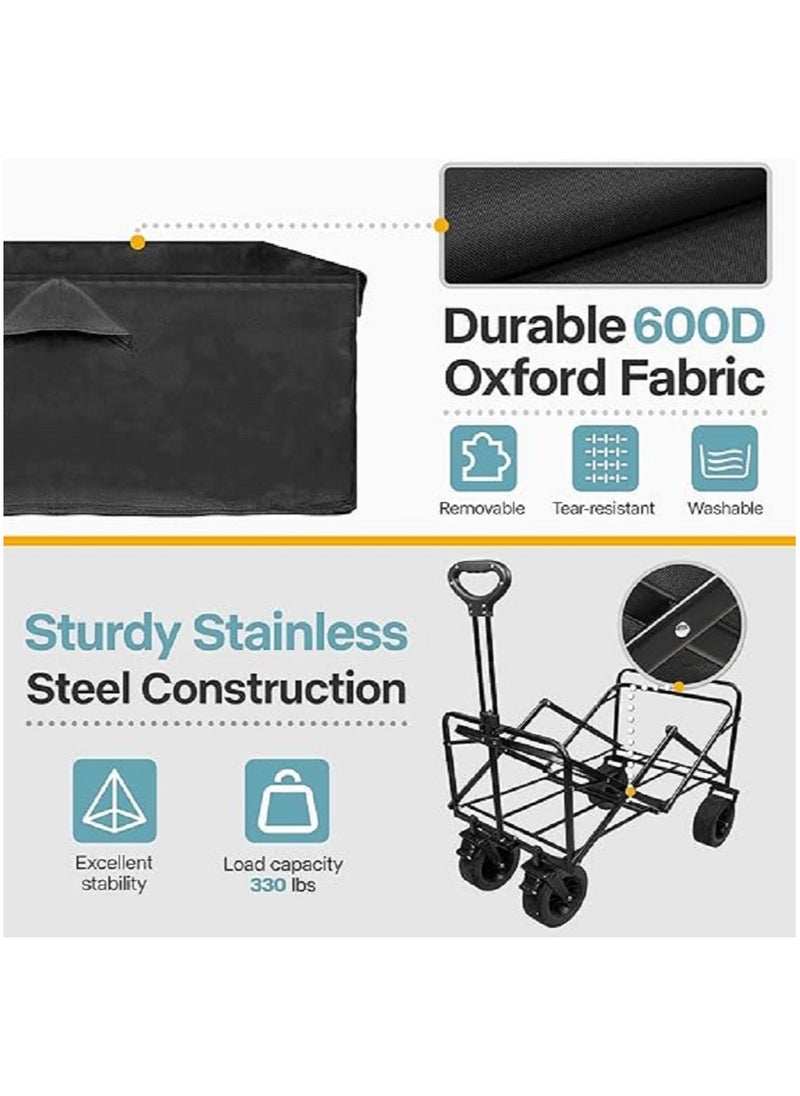 Heavy Duty Utility Collapsible Folding Wagon cart with All-Terrain Beach Big Wheels, 330lbs Outdoor Wagon with Cargo Net & Straps, Portable Large Capacity Beach Wagon for Sports, Shopping, Camping, Ga