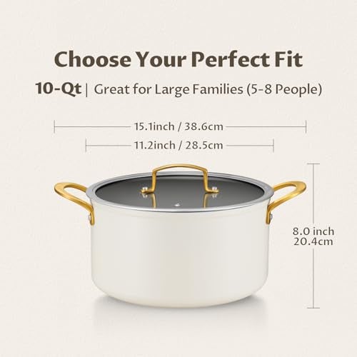 BEZIA 10 Quart Cooking Pot with Ceramic Coating, Non-Stick Stock Pot with Tempered Glass Lid, Large Soup Pot with Stainless Steel Handle, Induction Compatible Stockpot, Dishwasher Safe, Cream - Image 2
