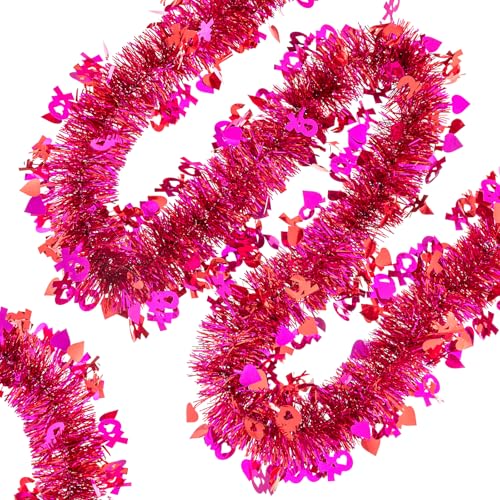 CIPOWM 33FT Valentines Tinsel Garland, Red Pink Metallic Twist Foil Tinsel Garland with Heart Ornament Hanging Heart Garland for Valentines Wedding Birthday Party Indoor Outdoor Decoration - Image 3