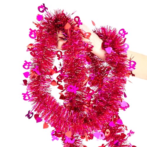 CIPOWM 33FT Valentines Tinsel Garland, Red Pink Metallic Twist Foil Tinsel Garland with Heart Ornament Hanging Heart Garland for Valentines Wedding Birthday Party Indoor Outdoor Decoration - Image 1