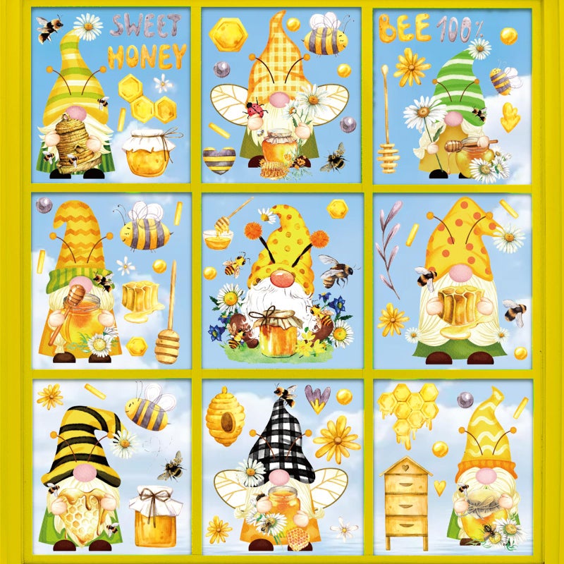 Whaline 9 Sheets Bee Gnome Window Clings Summer Floral Honeycomb PVC Window Stickers for Summer Home Room Classroom Decor Party Supplies - Image 1