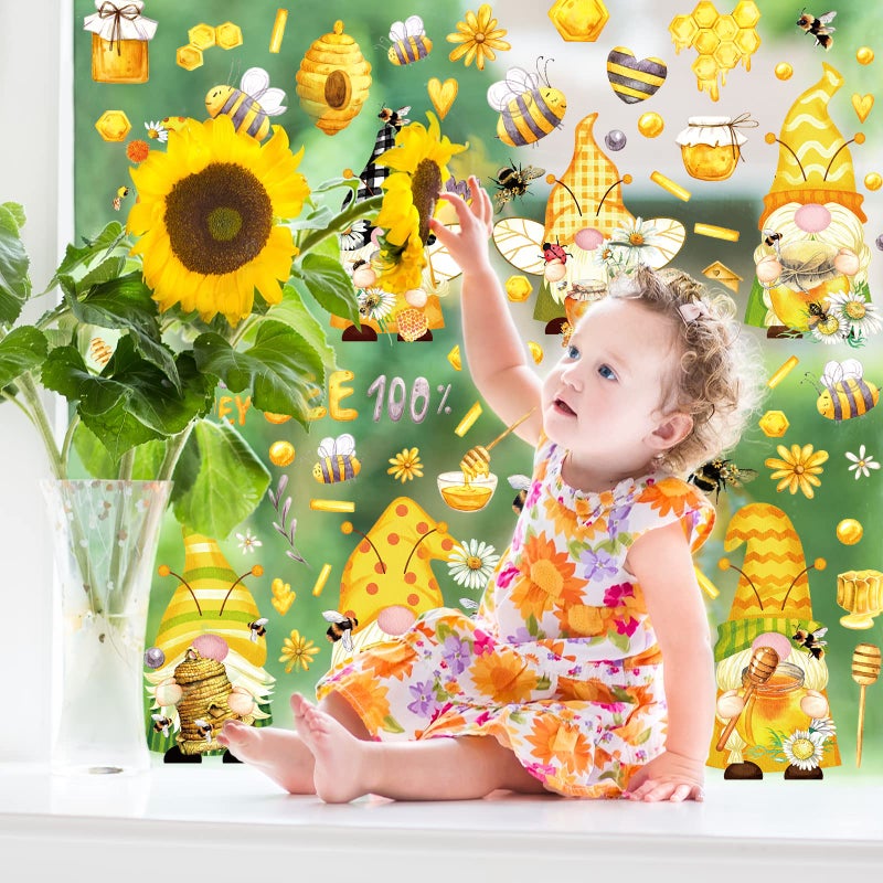 Whaline 9 Sheets Bee Gnome Window Clings Summer Floral Honeycomb PVC Window Stickers for Summer Home Room Classroom Decor Party Supplies - Image 4