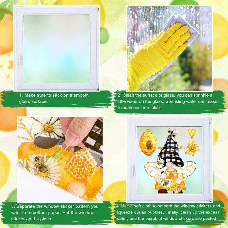 Whaline 9 Sheets Bee Gnome Window Clings Summer Floral Honeycomb PVC Window Stickers for Summer Home Room Classroom Decor Party Supplies - Image 3