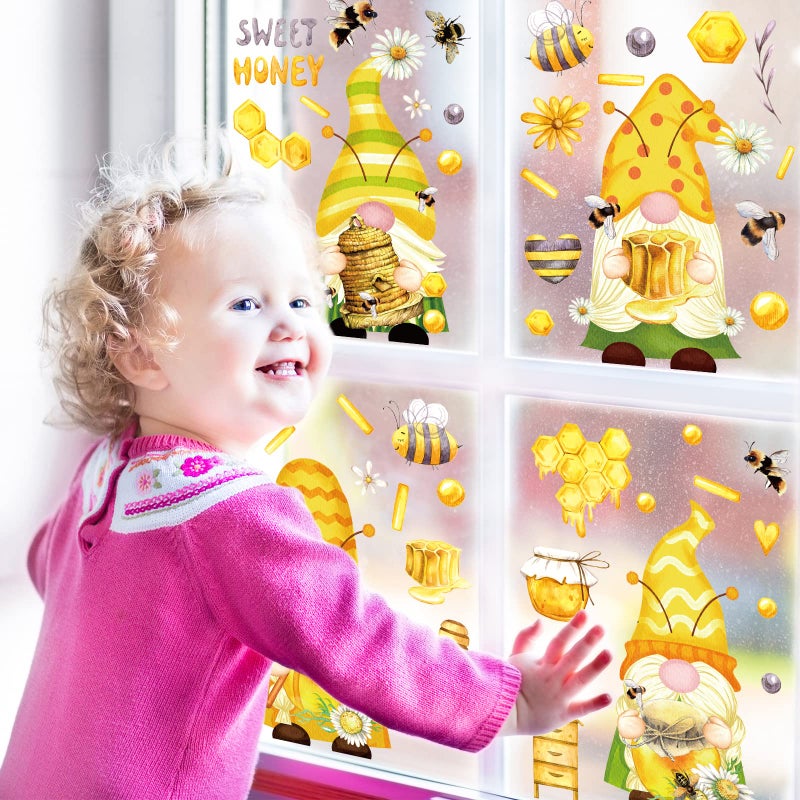 Whaline 9 Sheets Bee Gnome Window Clings Summer Floral Honeycomb PVC Window Stickers for Summer Home Room Classroom Decor Party Supplies - Image 5