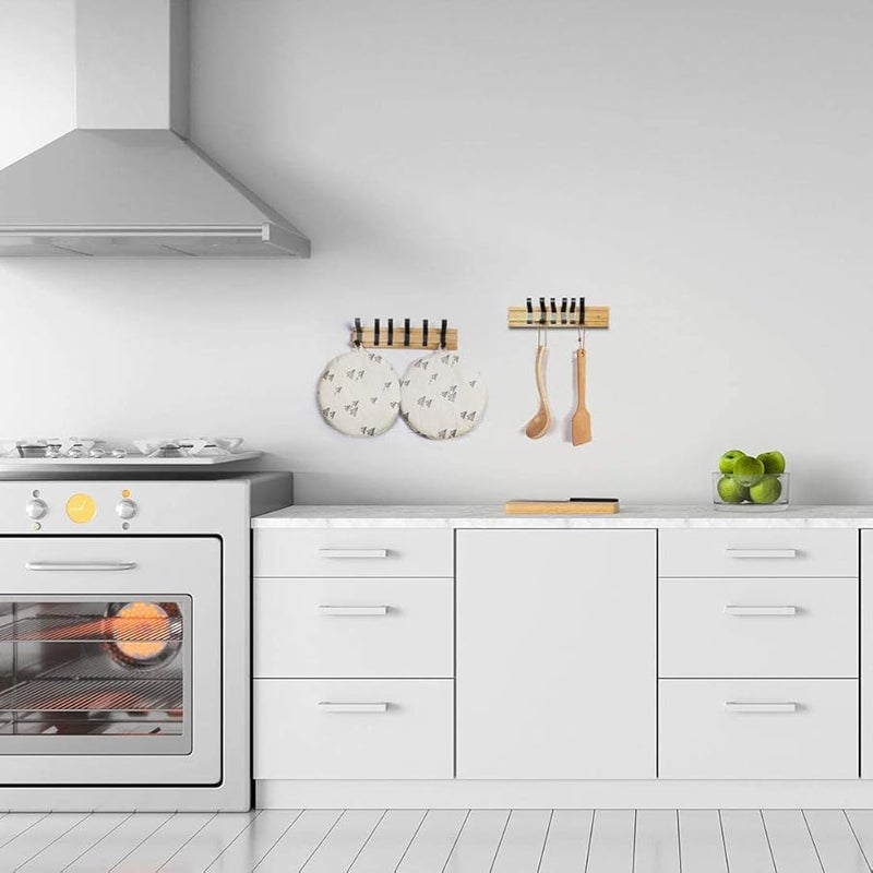 حامل خطافات مثبت على الحائط 6 خطافات ألومنيوم خيزران خشب طلاء ملون حامل قبعات مناشف - Image 5