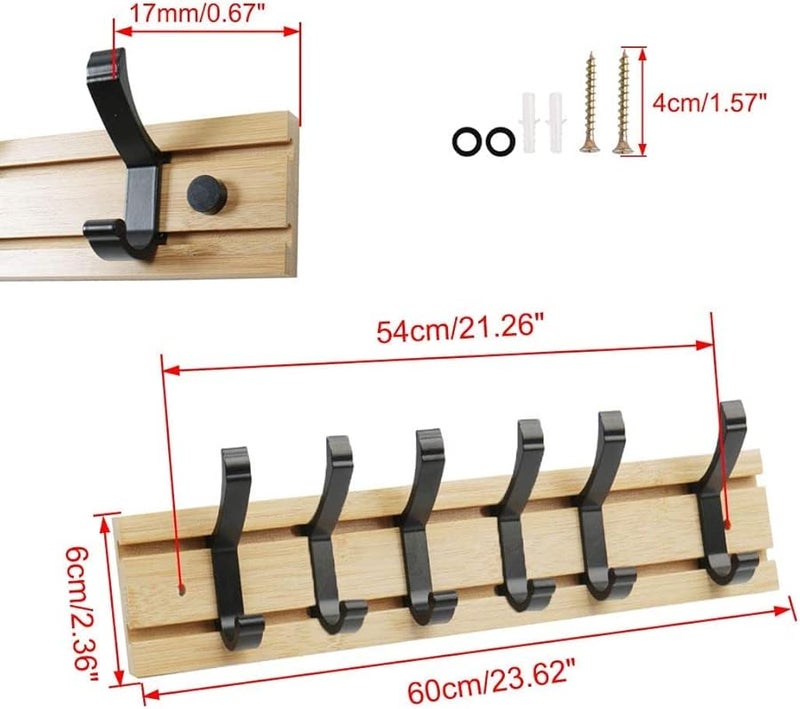 حامل خطافات مثبت على الحائط 6 خطافات ألومنيوم خيزران خشب طلاء ملون حامل قبعات مناشف - Image 2