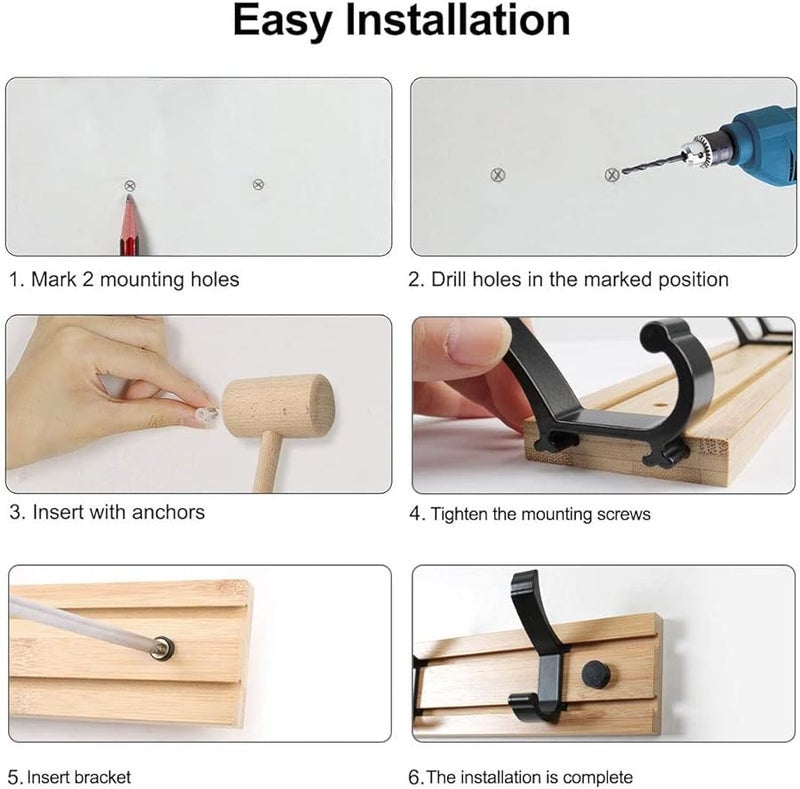 حامل خطافات مثبت على الحائط 6 خطافات ألومنيوم خيزران خشب طلاء ملون حامل قبعات مناشف - Image 3