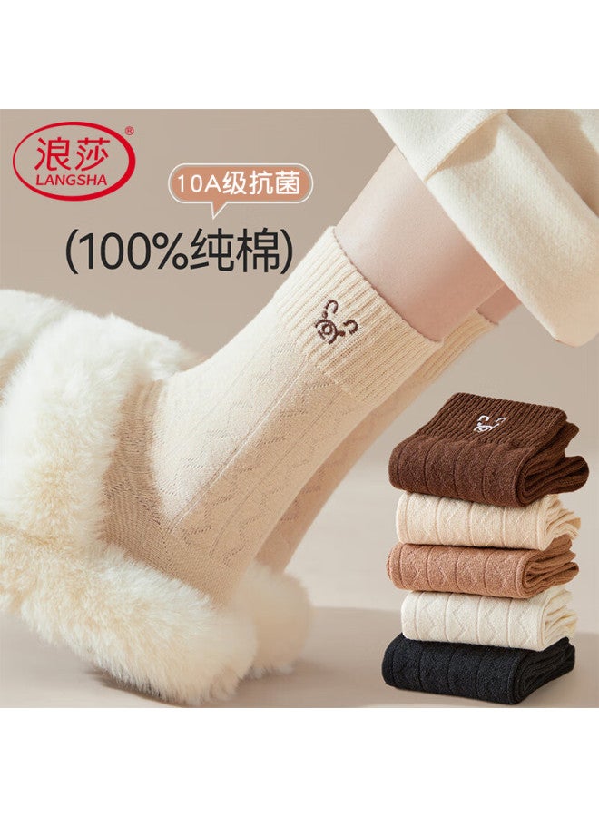 Langsha Women's Autumn Winter Socks 100% Cotton 10a Antibacterial Deodorant Breathable Mid-calf Cute Cartoon Embroidery
